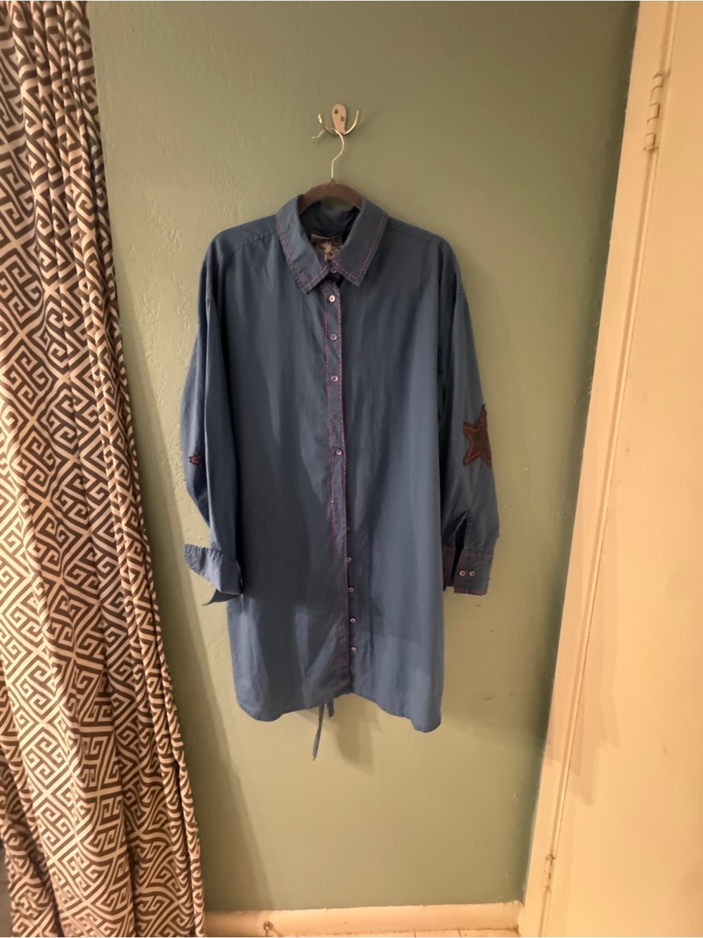 Blue Longline Button-Up Shirtdress with Star Detail on Elbows - Natural Life